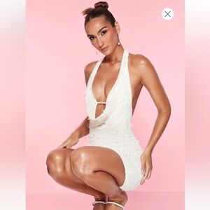 oh polly versailles deep plunge embellished mini dress in white